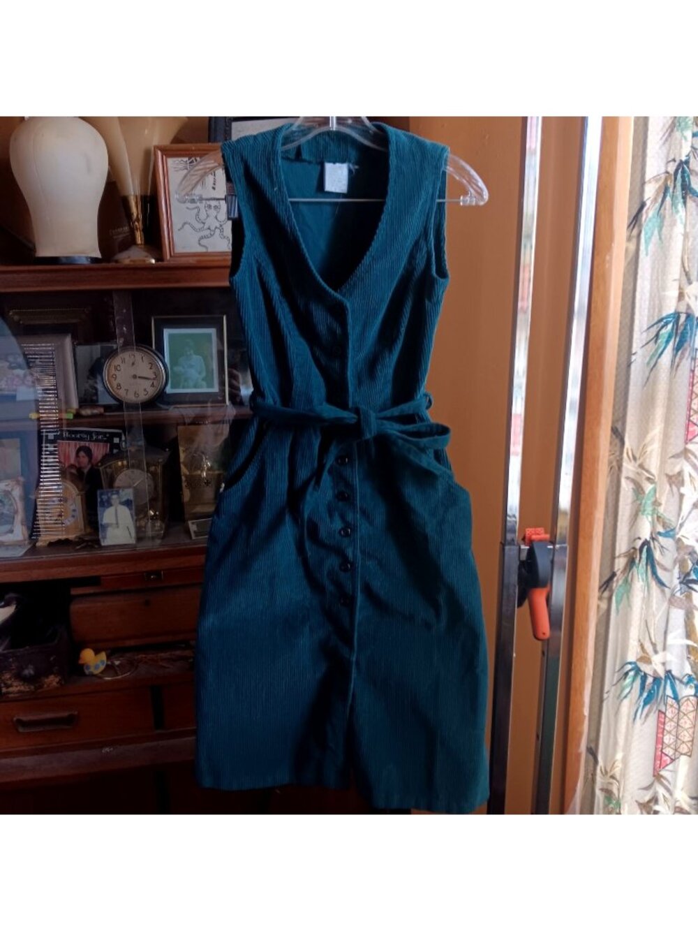 Small Sz 5 Vintage 1970's Corduroy Teal Jumper Dress Sleeveless